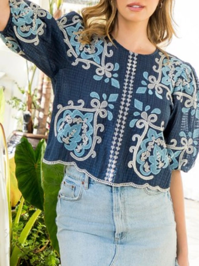 Blue embroidered floral texture top