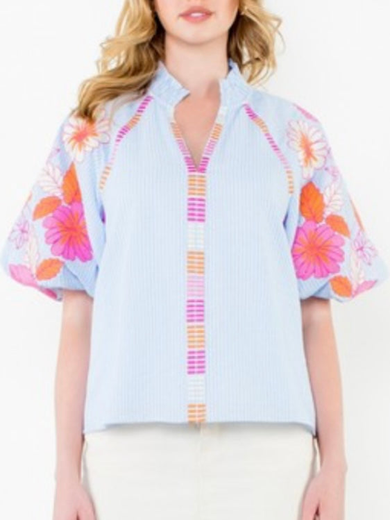 Light blue striped and pink embroidered floral texture top