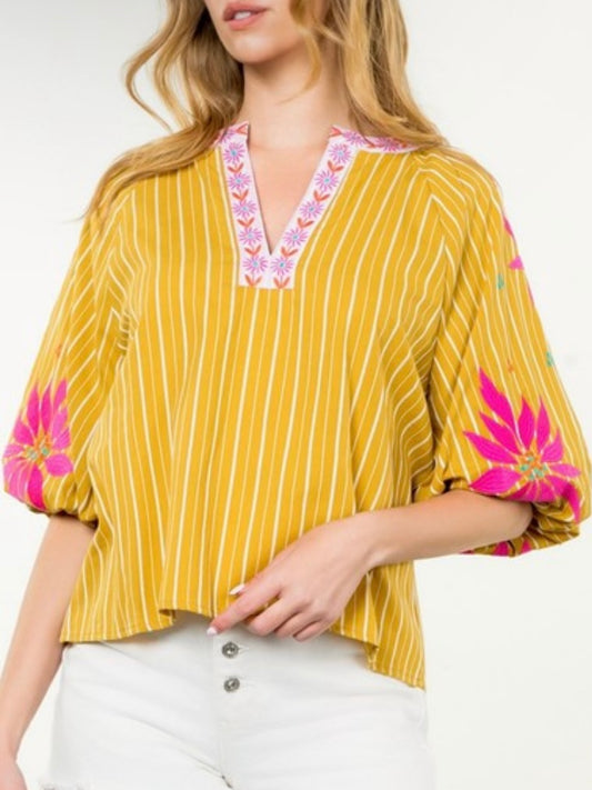 Yellow striped and pink embroidered floral texture top