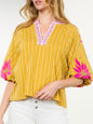 Yellow striped and pink embroidered floral texture top