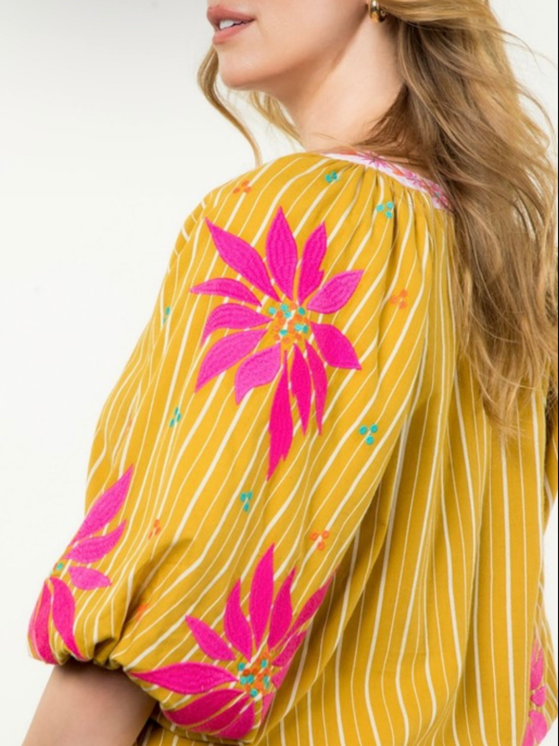 Yellow striped and pink embroidered floral texture top