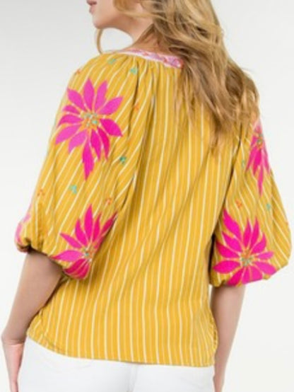 Yellow striped and pink embroidered floral texture top