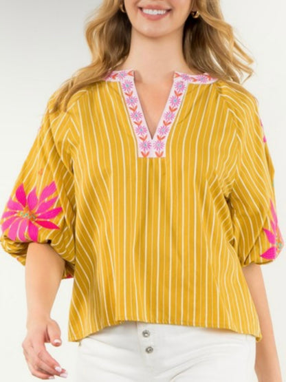 Yellow striped and pink embroidered floral texture top