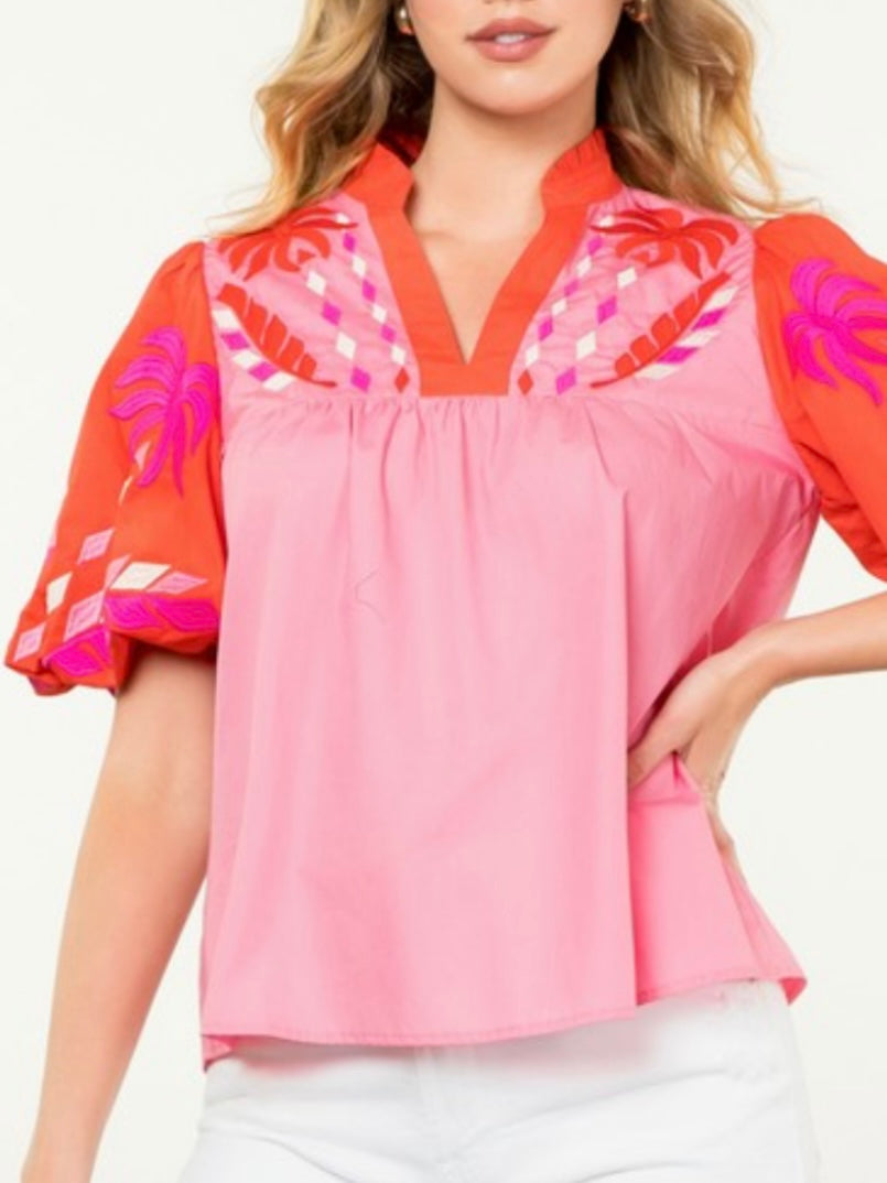 Pink, fuchsia and orange embroidered floral texture top