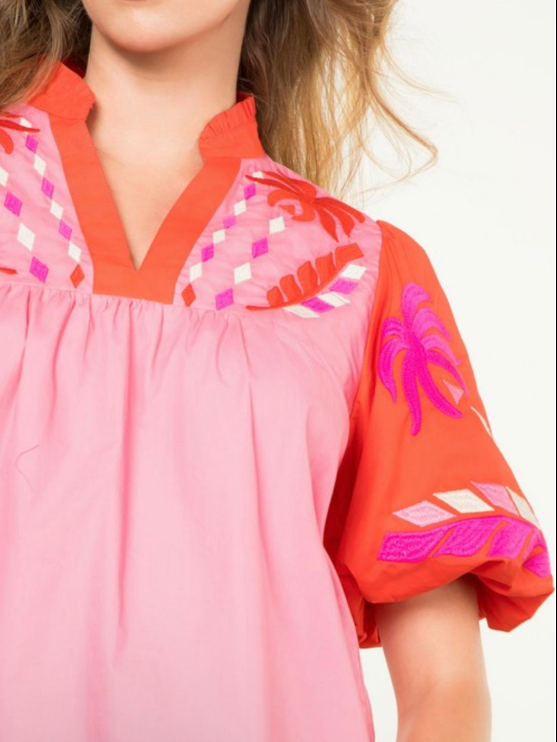 Pink, fuchsia and orange embroidered floral texture top