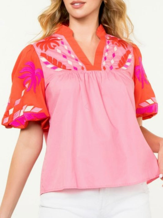 Pink, fuchsia and orange embroidered floral texture top