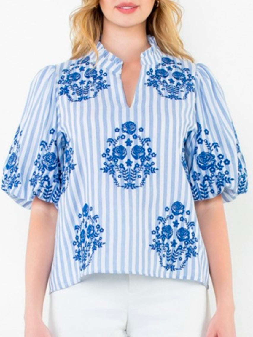 Light blue striped embroidered floral texture top