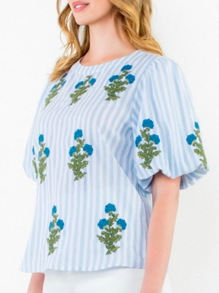 Light blue striped and green embroidered floral texture top