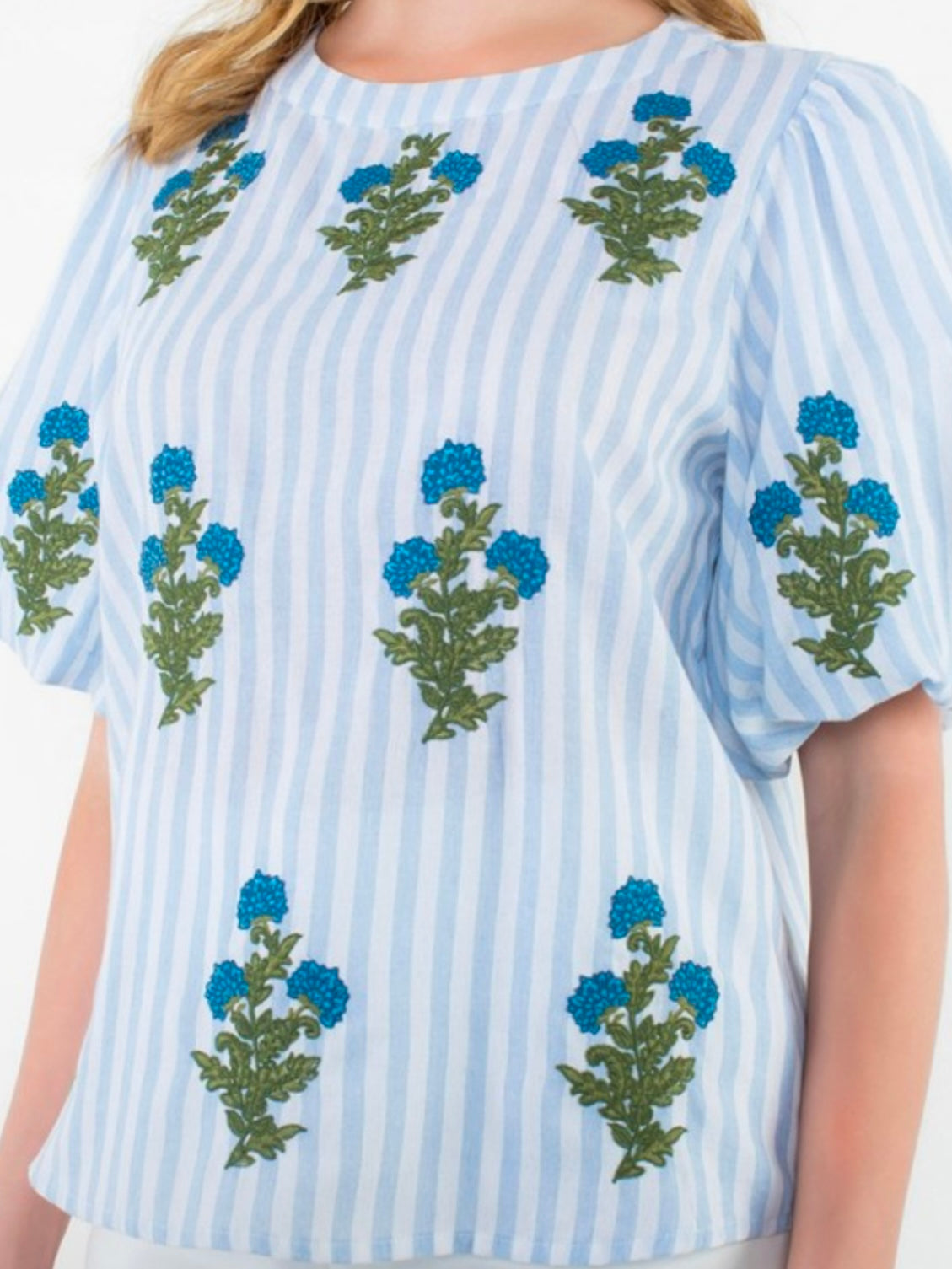 Light blue striped and green embroidered floral texture top