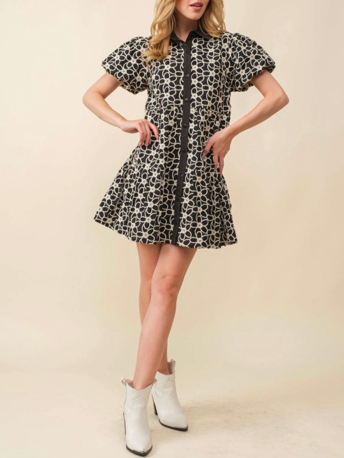 Black and white embroidered floral pattern  mini dress