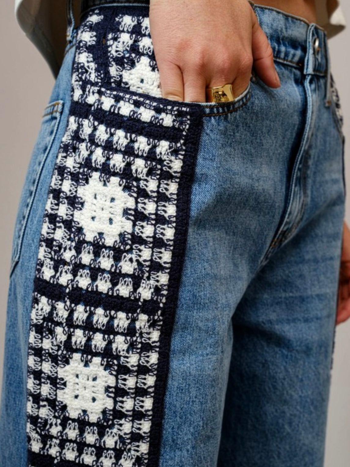Mid blue leg side detail straight jeans