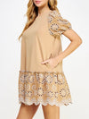 Coffee taupe embroidered floral pattern  mini dress