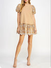 Coffee taupe embroidered floral pattern  mini dress