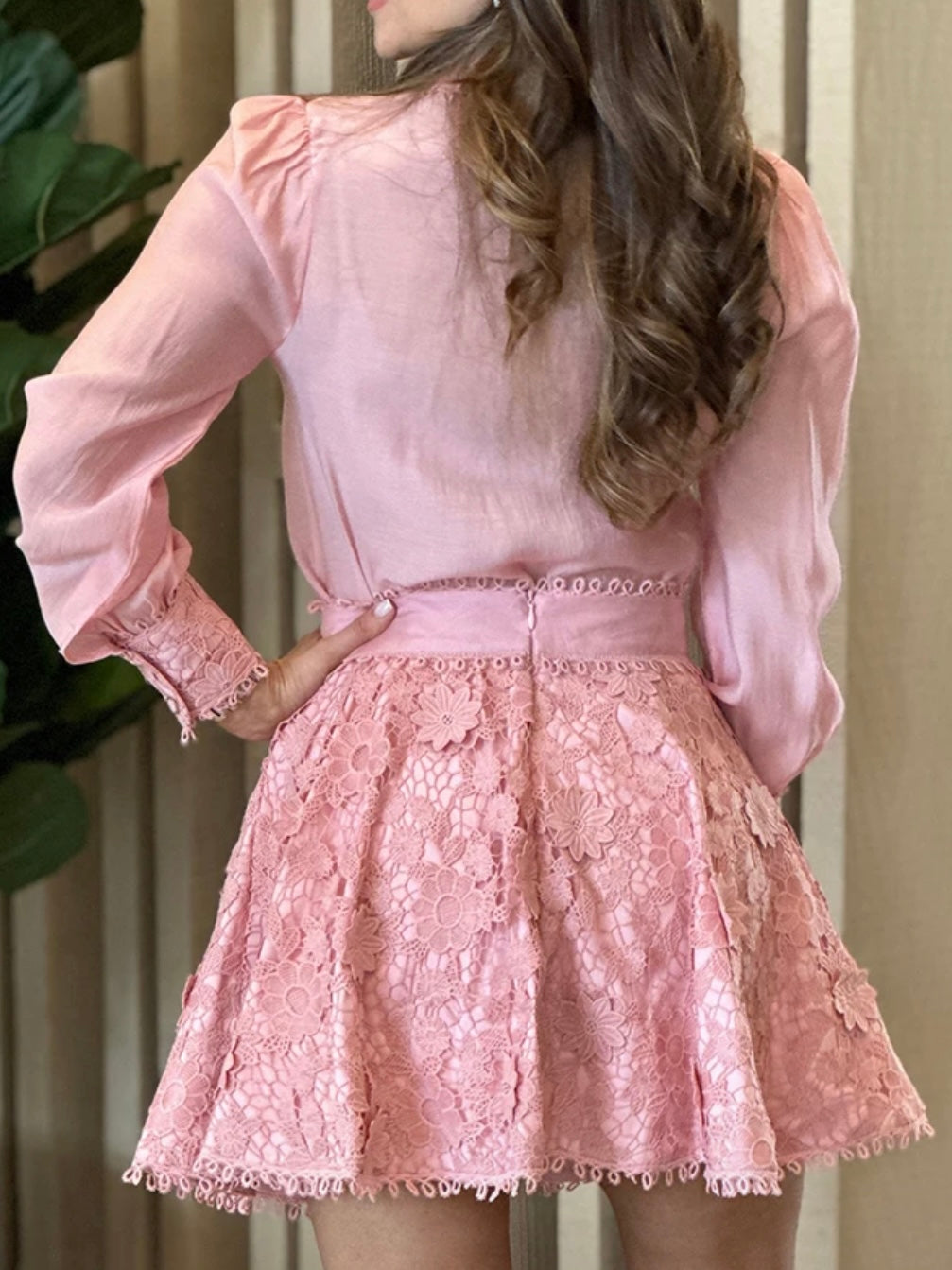 Pink and green set of 2 lace top and tube skirt