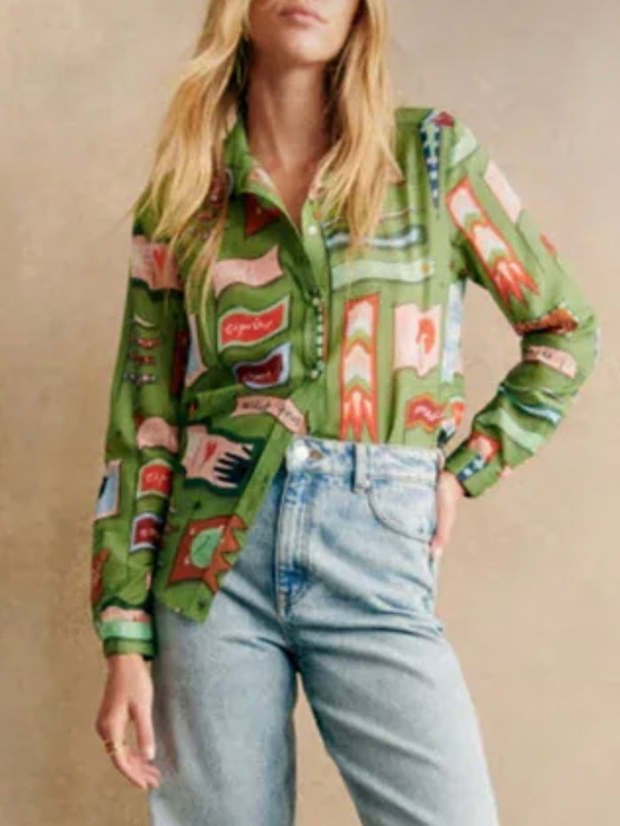 Green multicolored flags print shirt