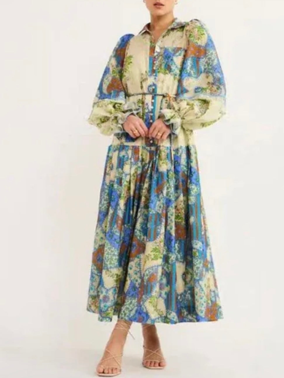 Beige maxi dress green and blue floral pattern