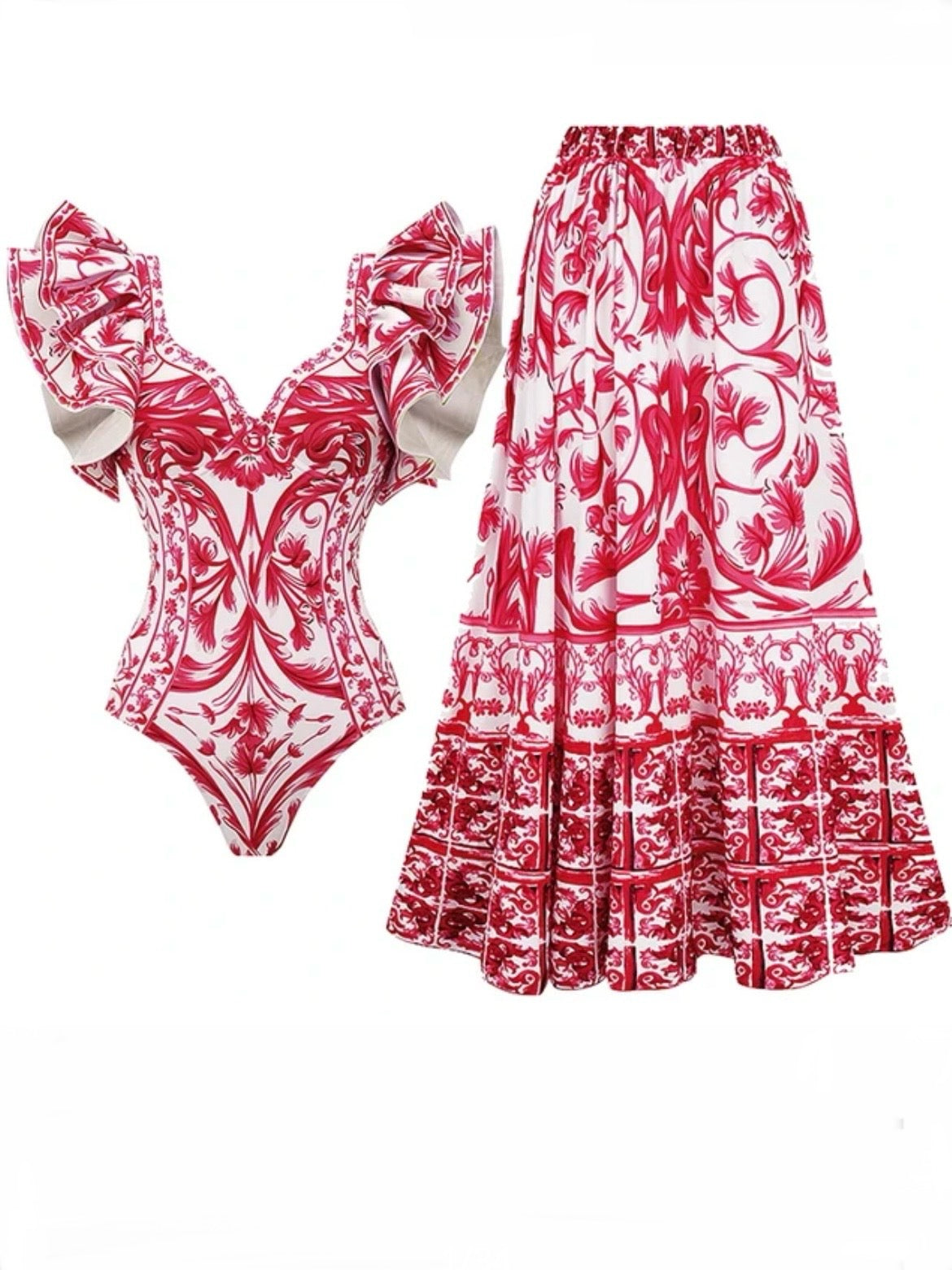White and red set of 2 swimsuit and short floral printed