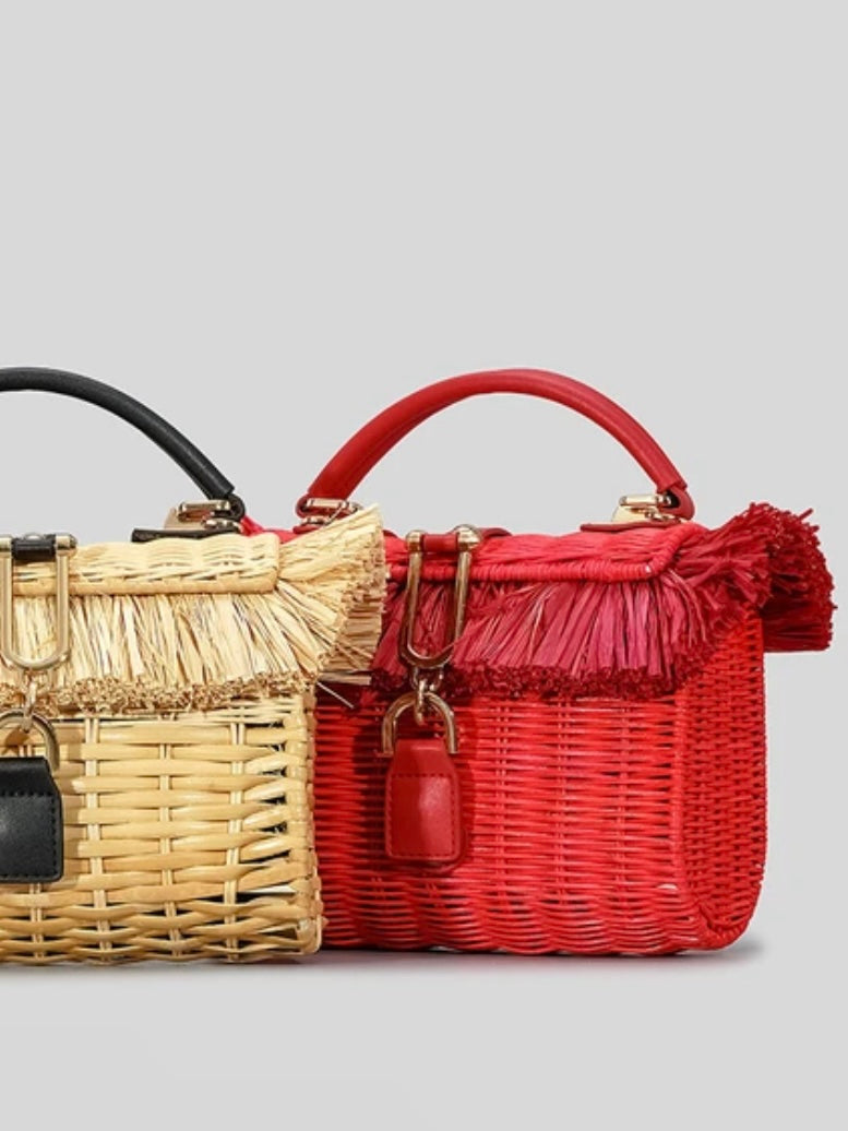 Beige and red straw medium handbag