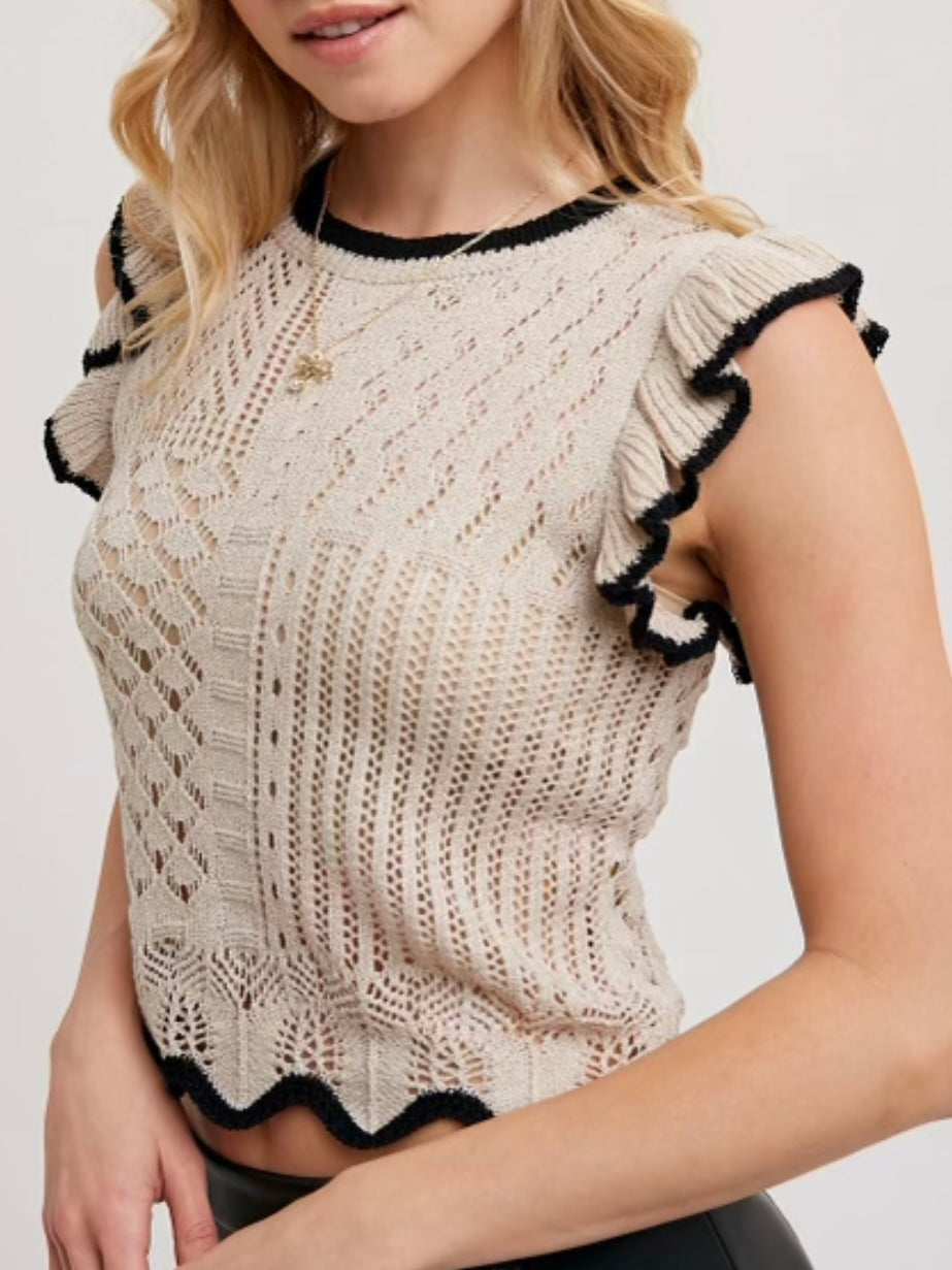 Beige and black eyelet contrast pullover scalloped top