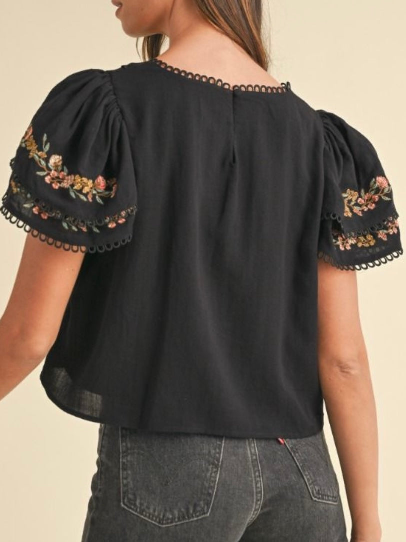 Black embroidered floral top