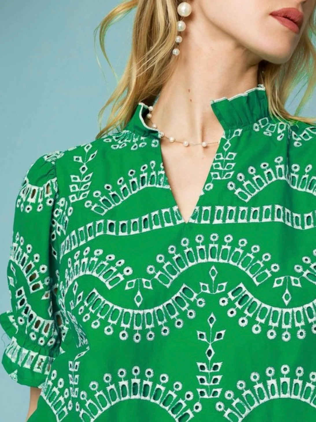 Emerald green and white embroidered floral texture top