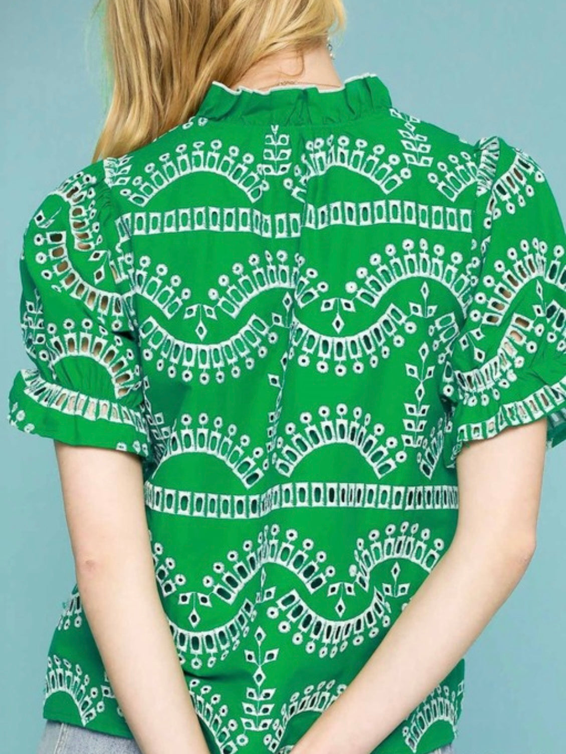 Emerald green and white embroidered floral texture top