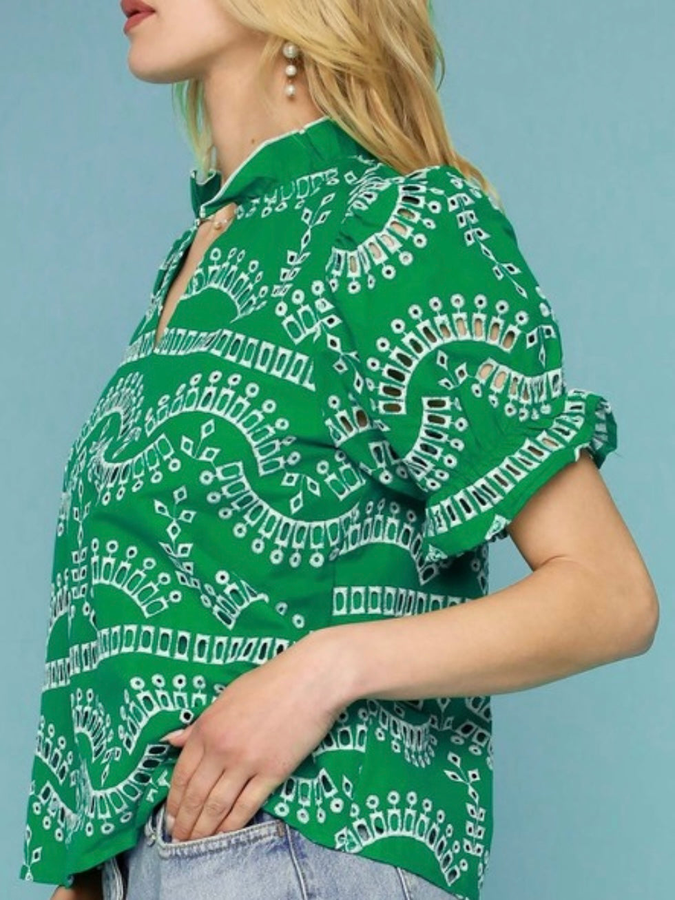 Emerald green and white embroidered floral texture top