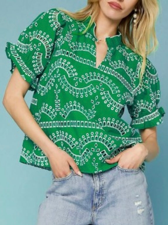 Emerald green and white embroidered floral texture top