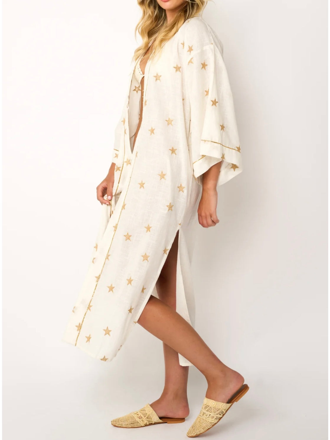 Off white and gold soleil long shirt/dress cover up duster