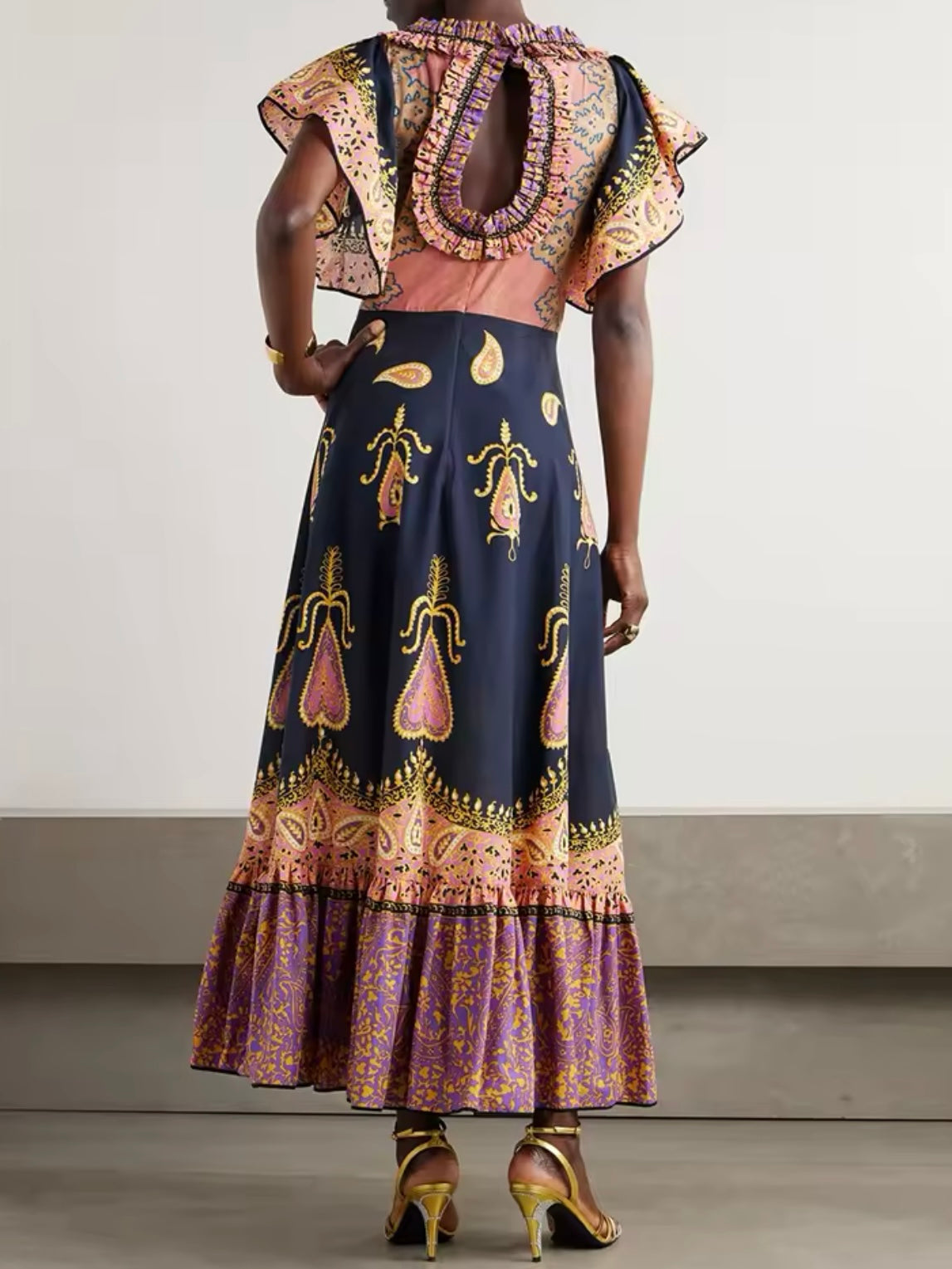Pink and navy blue printed maxi dress