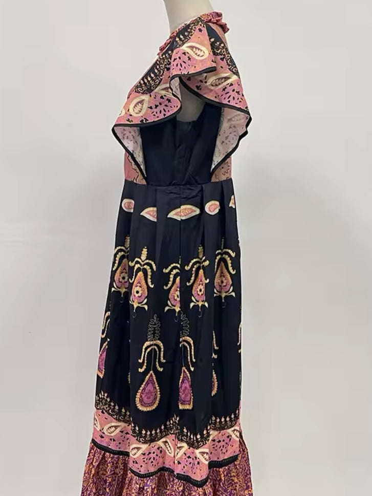 Pink and navy blue printed maxi dress