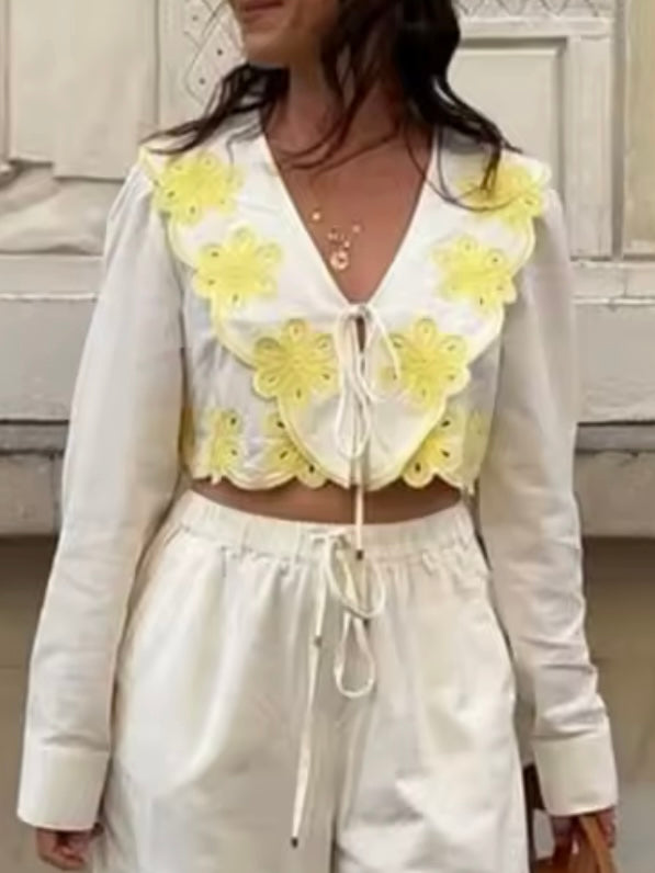 Beige and yellow contrast edge set of 2 top and pants