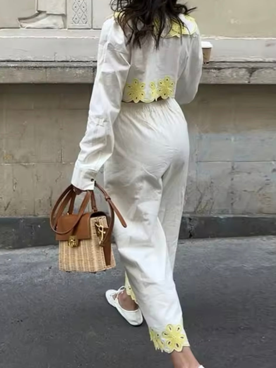 Beige and yellow contrast edge set of 2 top and pants
