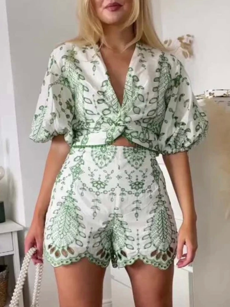 White and green embroidered set of 2 shirt and shorts pants