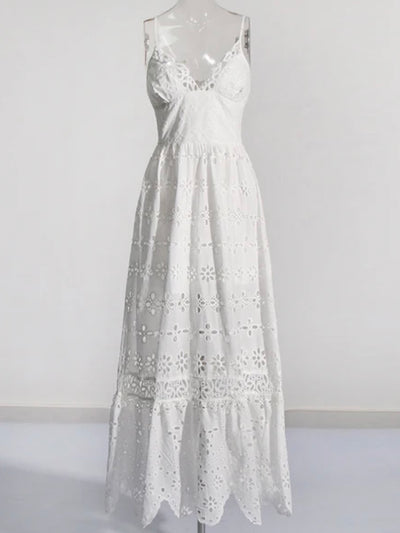 White boho deep V-neck lace dress