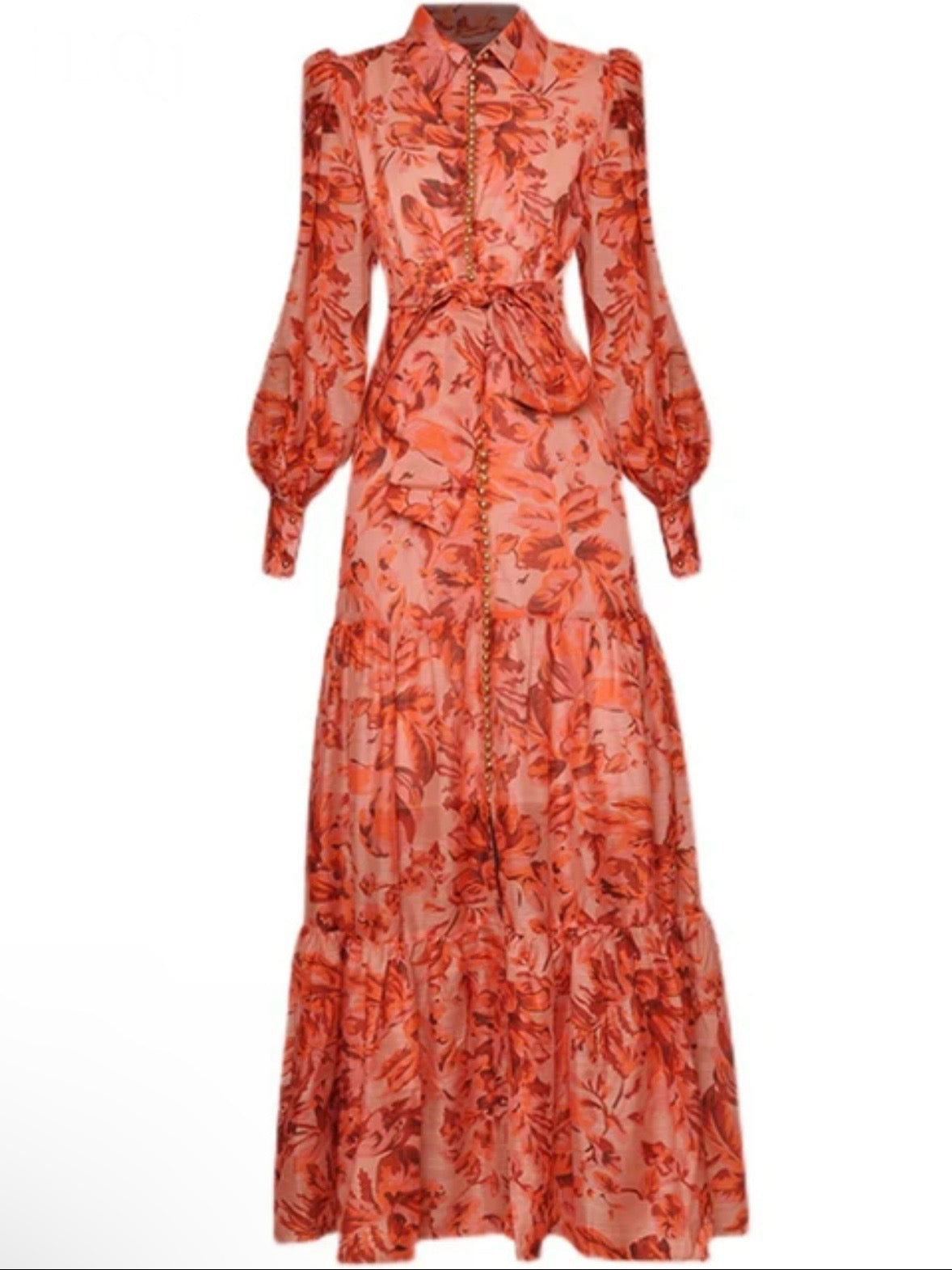 Orange floral printed fabric long sleeves maxi dress