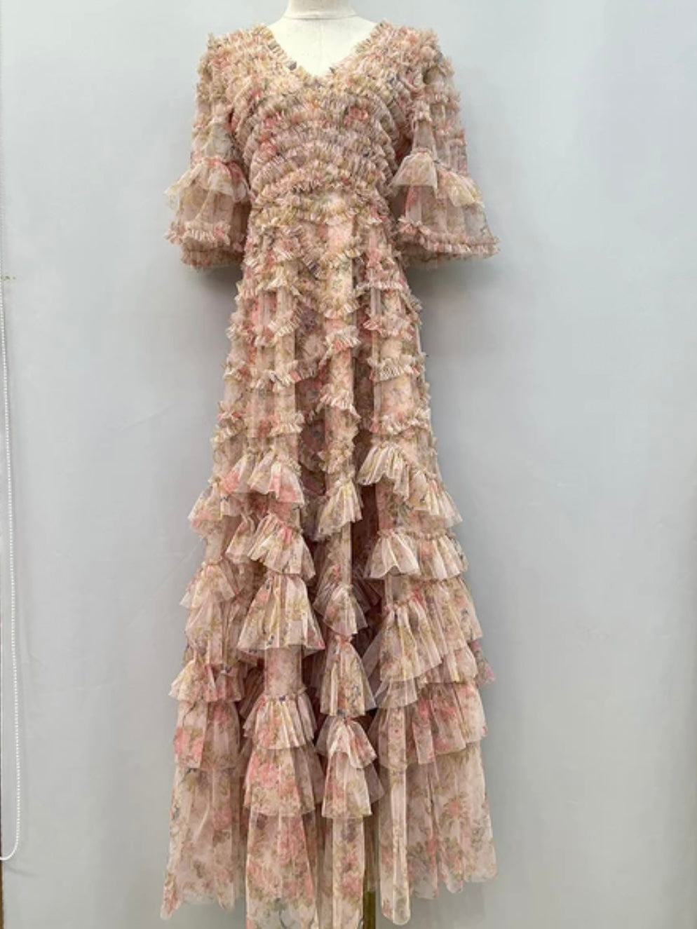 Pink floral printed layered ruffled maxi dress
