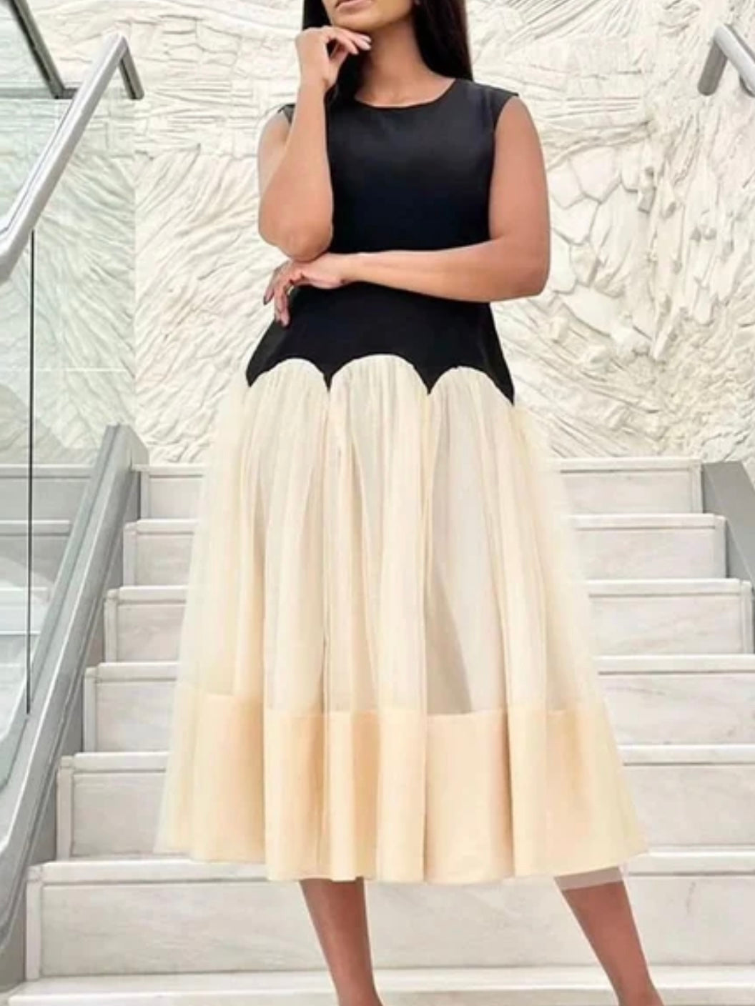 Black and beige skirt sleeveless midi dress