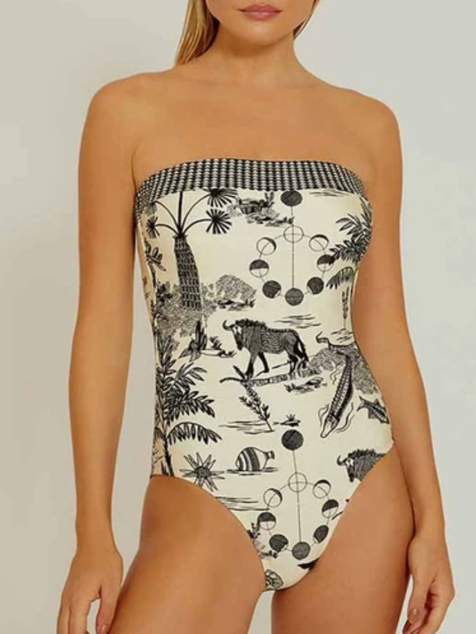 Black and off white animals printed strapless tube one piece swimsuit