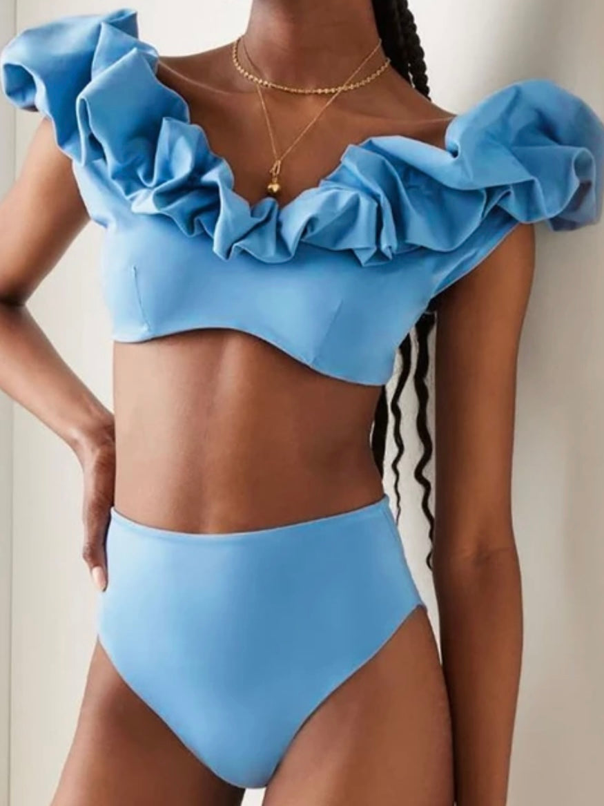 Royal blue solid color ruffles top / bottom bikini
