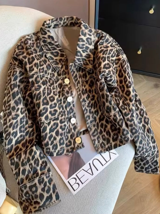 Leopard print jeans jacket