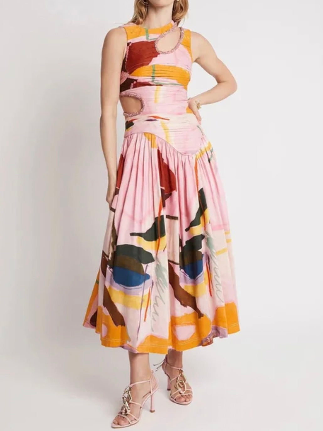 Multicolored printed cut out detail midi dress