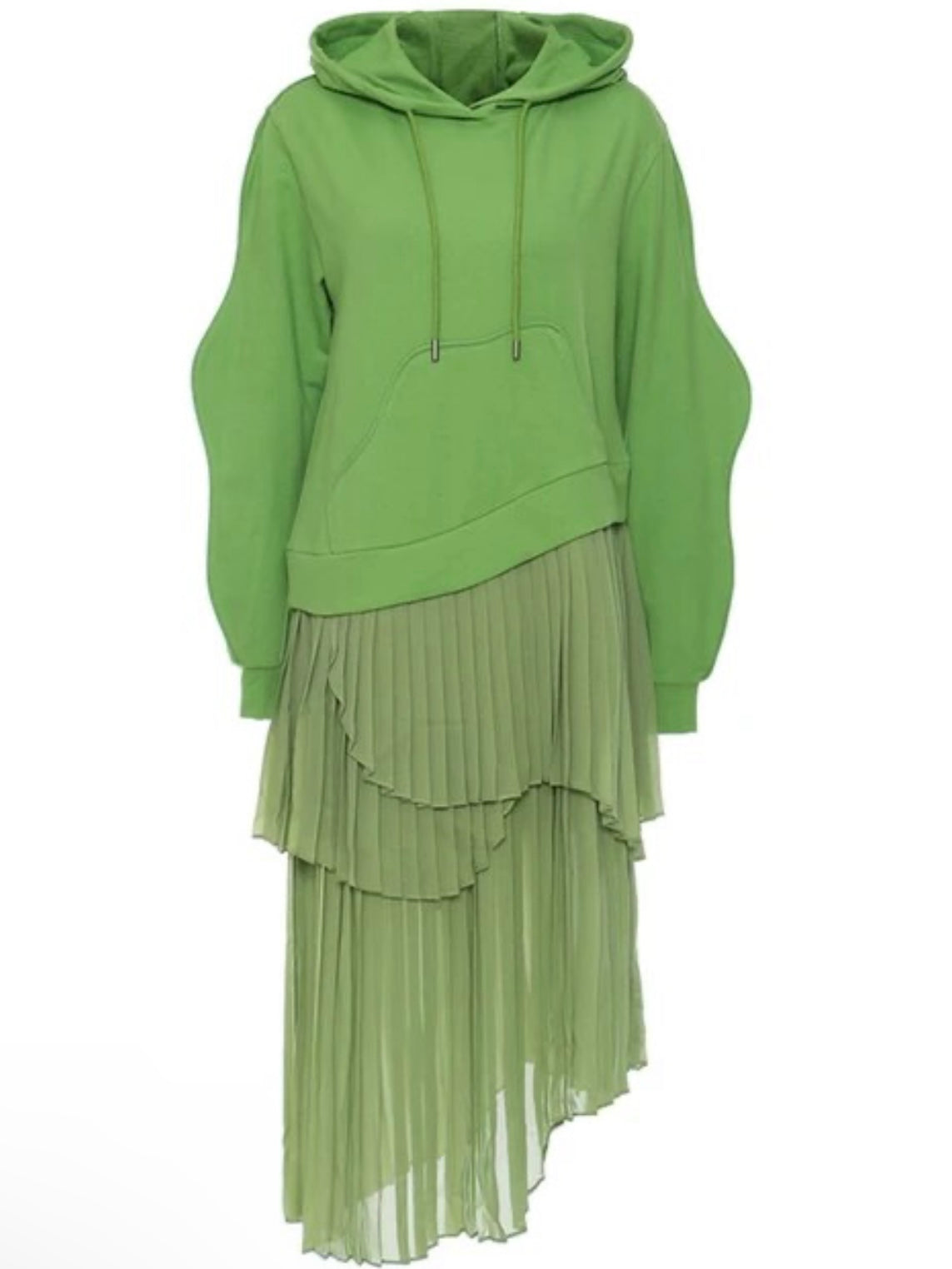 Green chiffon hooded asymmetrical midi dress