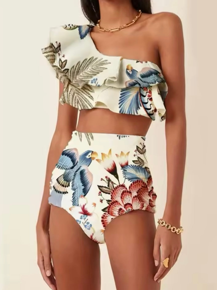 Parrot and floral one shoulder top / bottom bikini