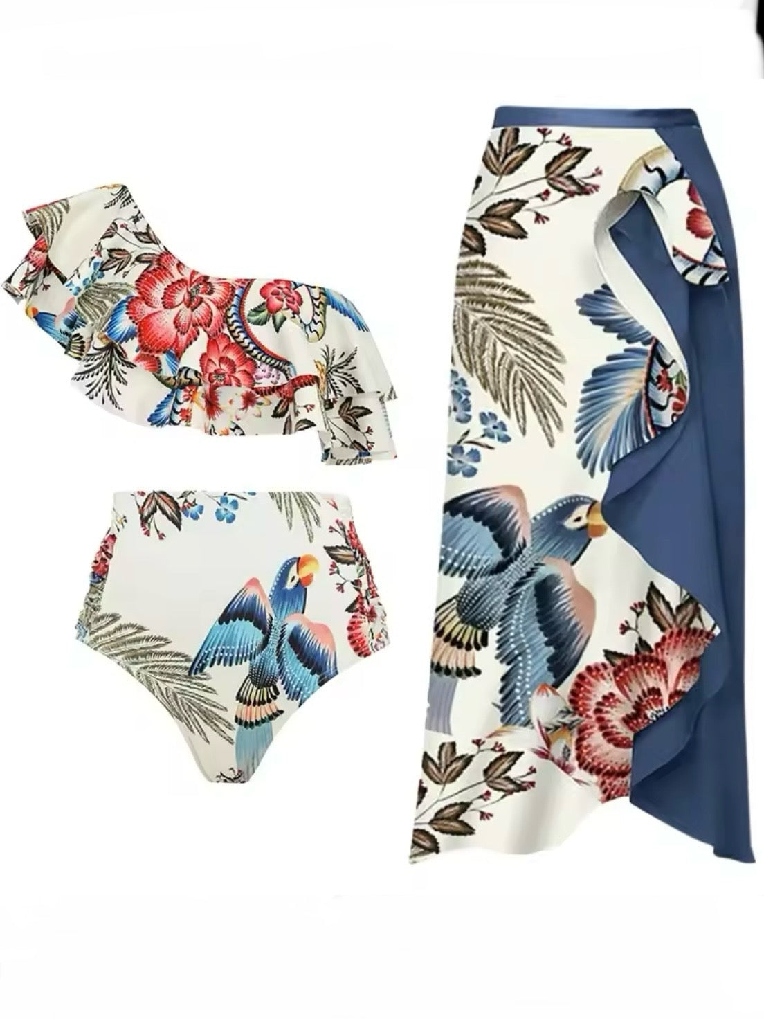 Parrot and floral one shoulder top / bottom bikini