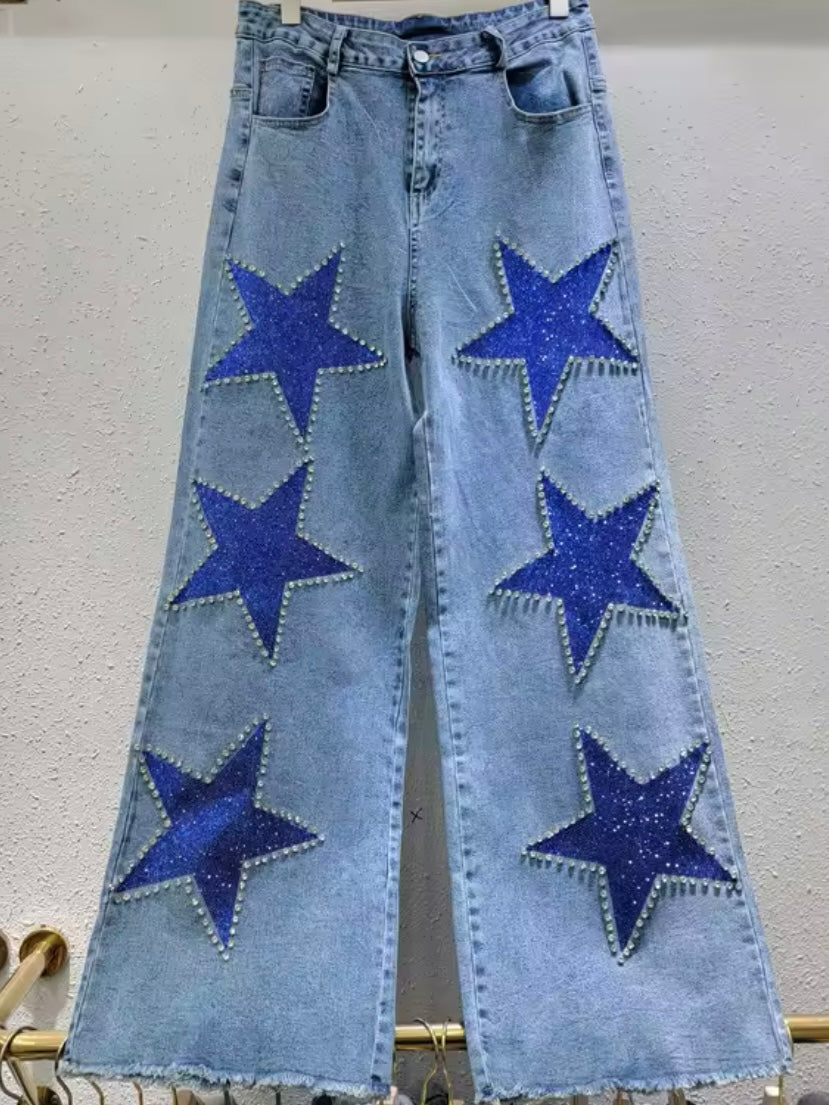 Mid blue stars loose fit jeans pants