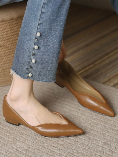 Brown caramel slip on pointed flats shoes