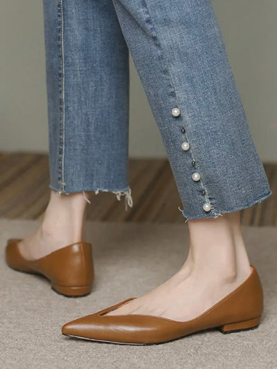 Brown caramel slip on pointed flats shoes