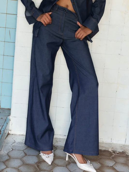 Dark blue denim straight pants