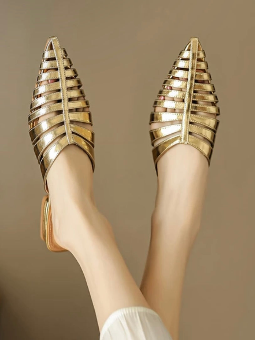 Gold mules slides pointed flats shoes